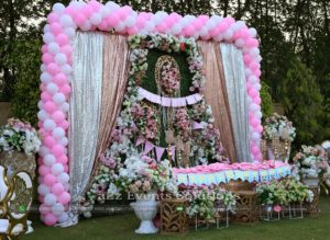birthday stage, stage decor, imported flowers decor, balloons decor, stages designers