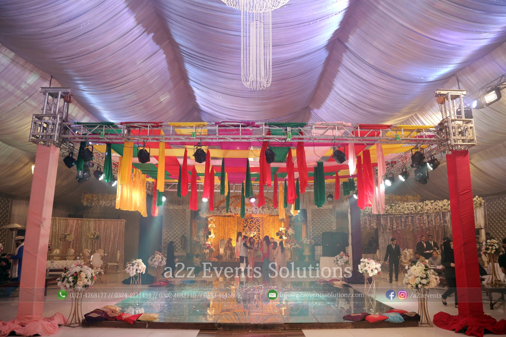 colourful mayoun decor, wedding setup, truss service providers, vip glass dance floor