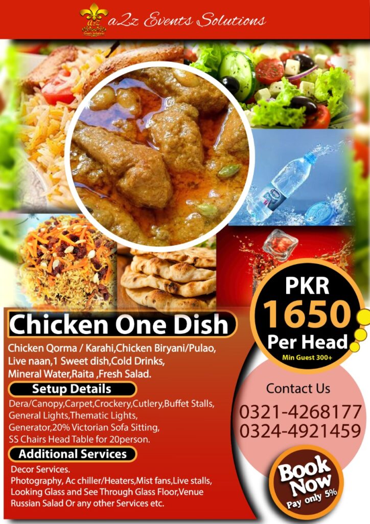 wedding setup with chicken one dish package, wedding package with chicken menu, wedding packages without decor