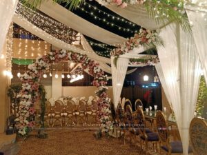 floral arch, thematic draping