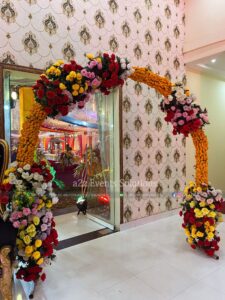 floral arch, mehndi entrance