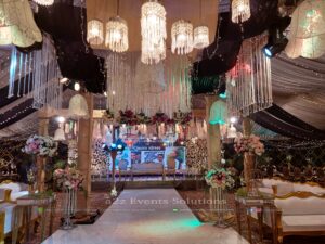 hanging chandeliers, floral decorations