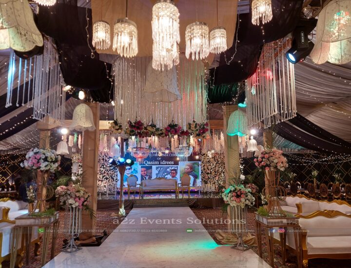 hanging chandeliers, floral decorations