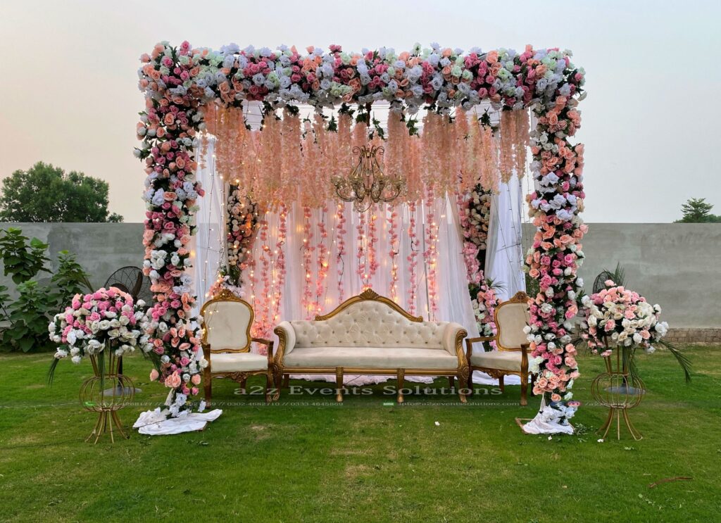 themed stage, floral backdrop