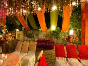 colorful draping, outdoor setup
