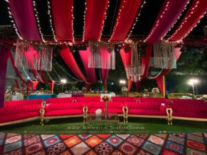 mehndi setup and decor, coloured wedding sofa sitting