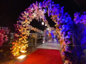 entrance tunnel decor, hanging chandeliers