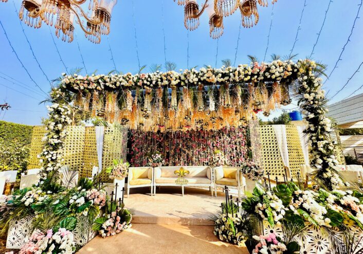 floral backdrop, stage decor, wedding stage, walima stage