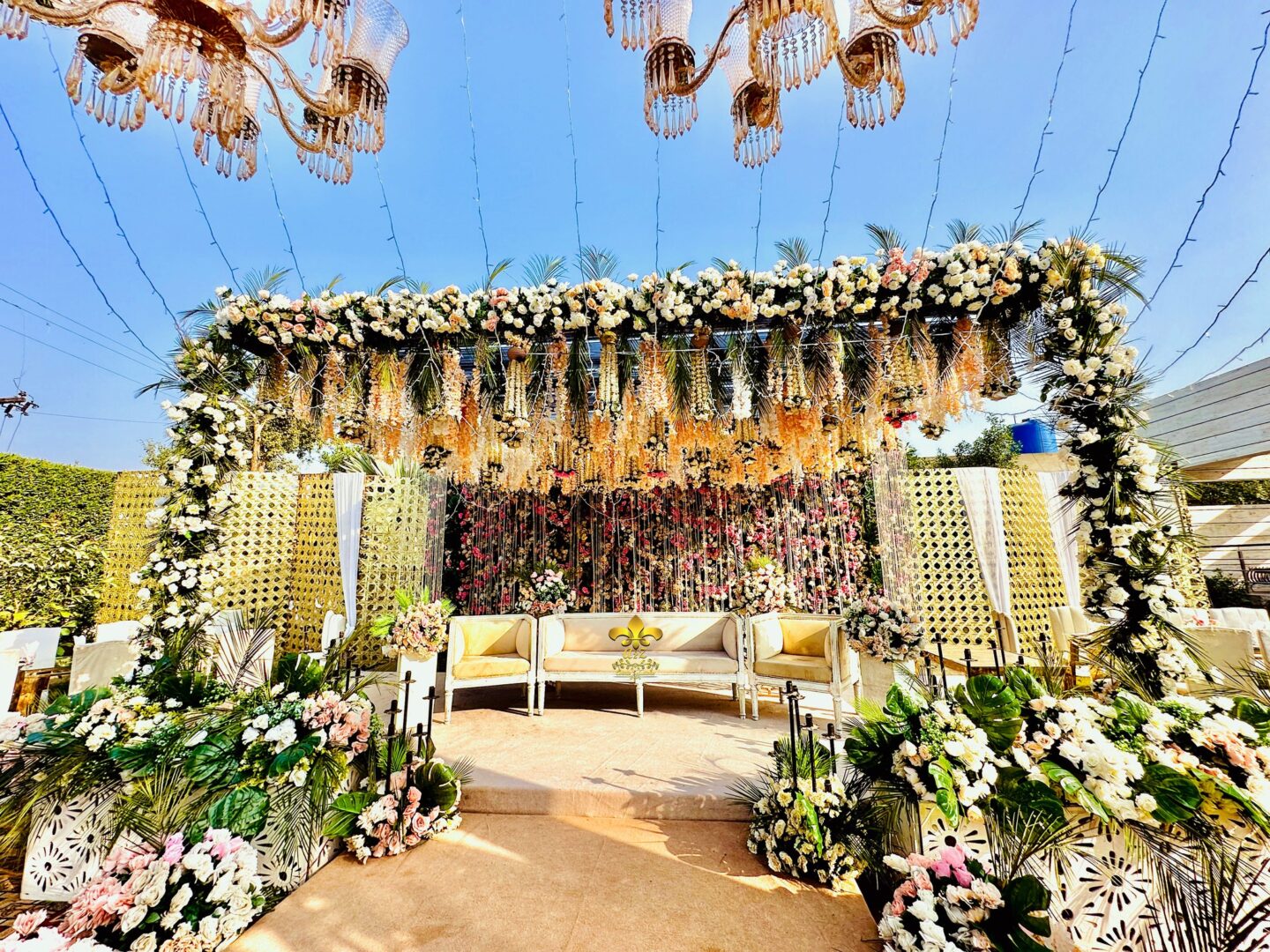 floral backdrop, stage decor, wedding stage, walima stage