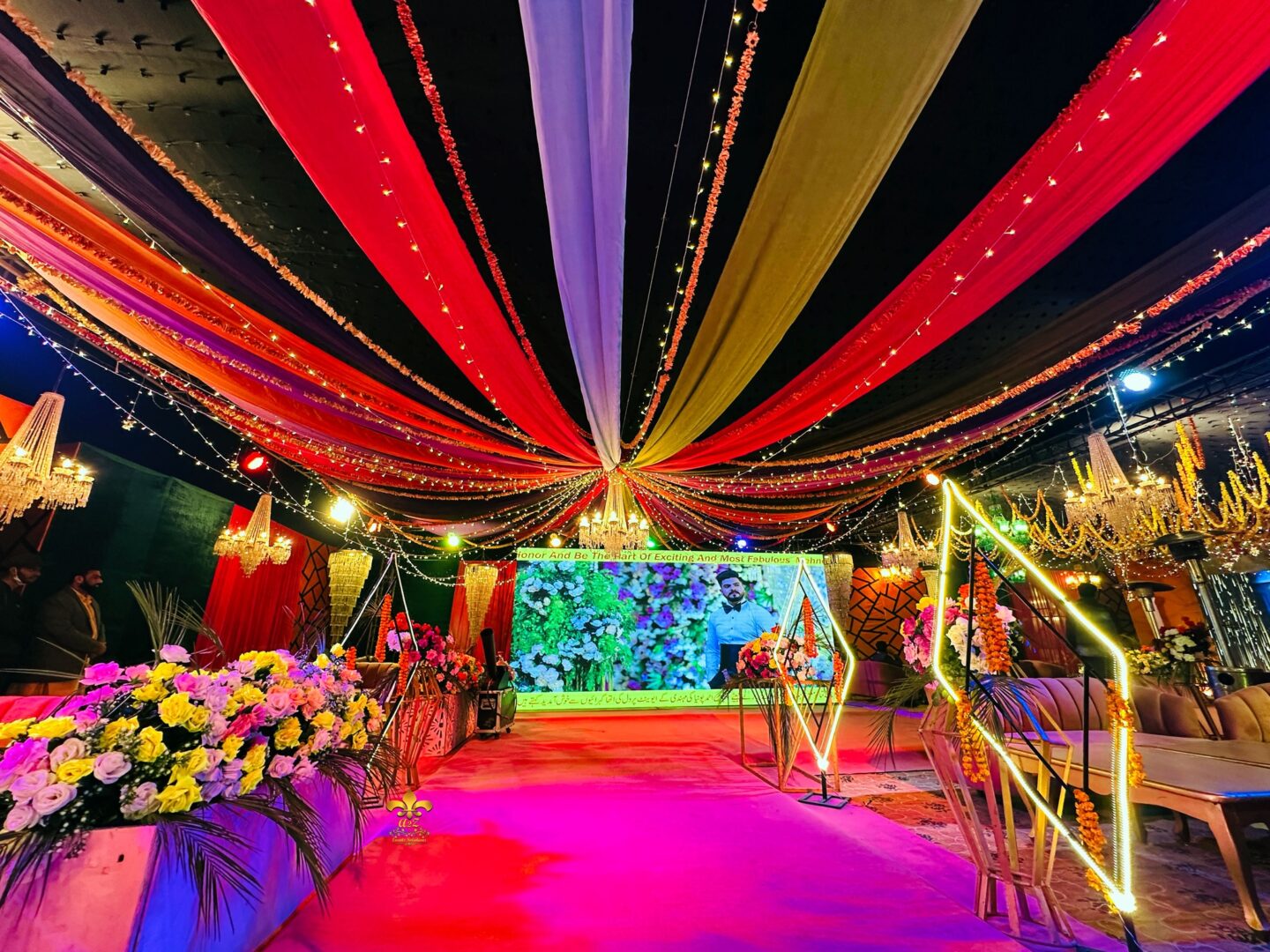 multicolored setup, multimedia, lighting, wedding entrance decor