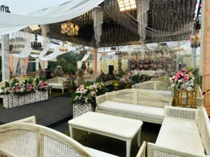 crystal beaded decor, nikkah setup, floral area decor, white wedding