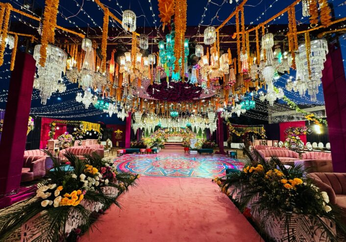 open air event, grand setup, multicolored decor, extravagant wedding