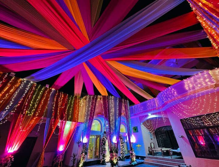 wedding home decor, themed lighting, colored draping, fairy lights setup