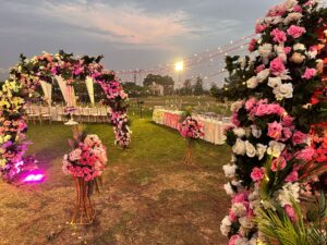 wedding entrance decor, catering setup, floral decorations, events planners and designers