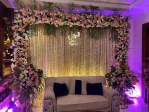 nikkah stage, floral backdrop, indoor setup, wedding designers