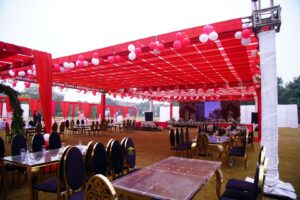 corporate-annual-sports-day-setup balloons decor, fine dining, head table, vip setup