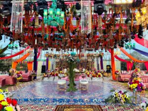 mehndi-setup-and-decor nikkah wall, colourful mehndi decor, hanging garden, wedding planners