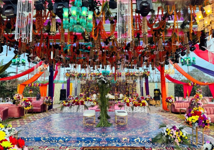 nikkah wall, colourful mehndi decor, hanging garden, wedding planners