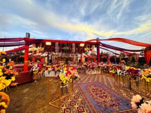 open-air-grand-mehndi-setup outdoor setup, grand mehndi, day time event, wedding management