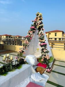 floral hut stage, open air event, birthday bash, events planners and designers