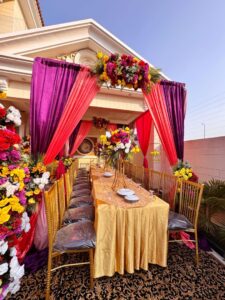 catering setup, colorful mayoun decor, wedding designers, a2z events solutions
