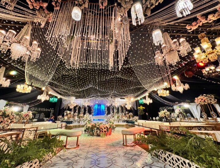 crystal beaded decor, open air setup, outdoor decor, reception setup