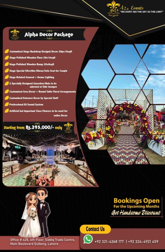 wedding decor packages, wedding decor prices, wedding decor in Pakistan, alpha decor package