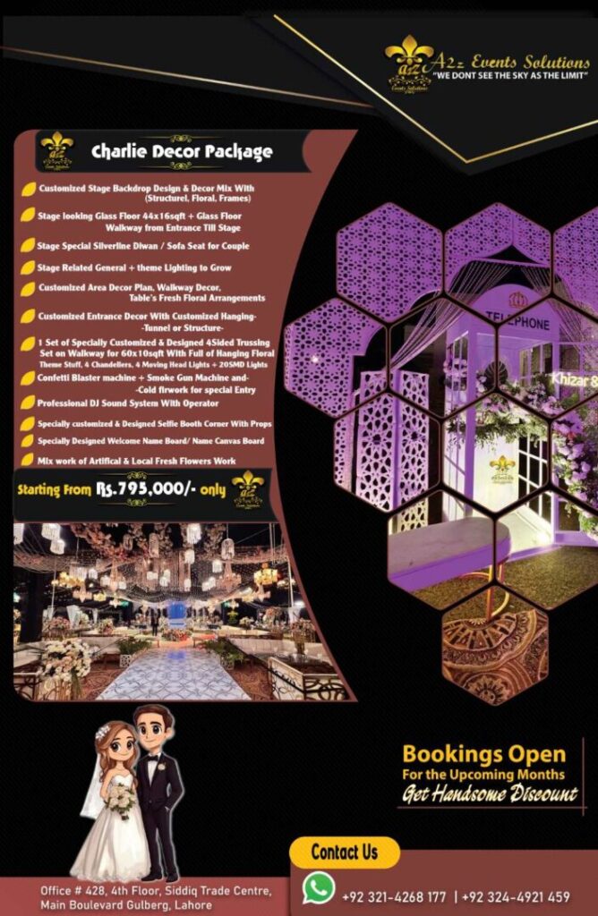 wedding decor packages, wedding decor prices, wedding decor in Pakistan, charlie decor package