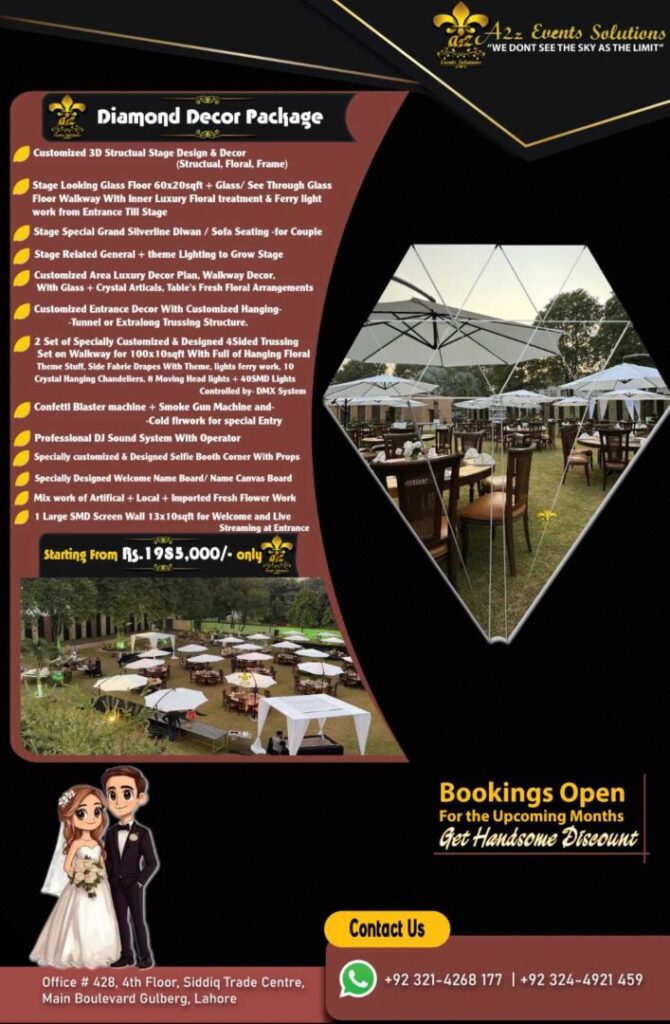 wedding decor packages, wedding decor prices, wedding decor in Pakistan, diamond decor package, vvip decor , vip wedding decor prices, luxery wedding decoration prices