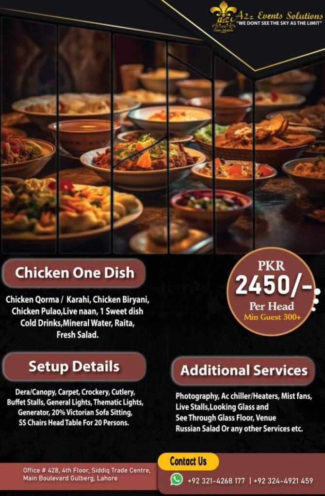 Complete setup with chicken one dish menu, wedding package without decor, wedding package with setup and food