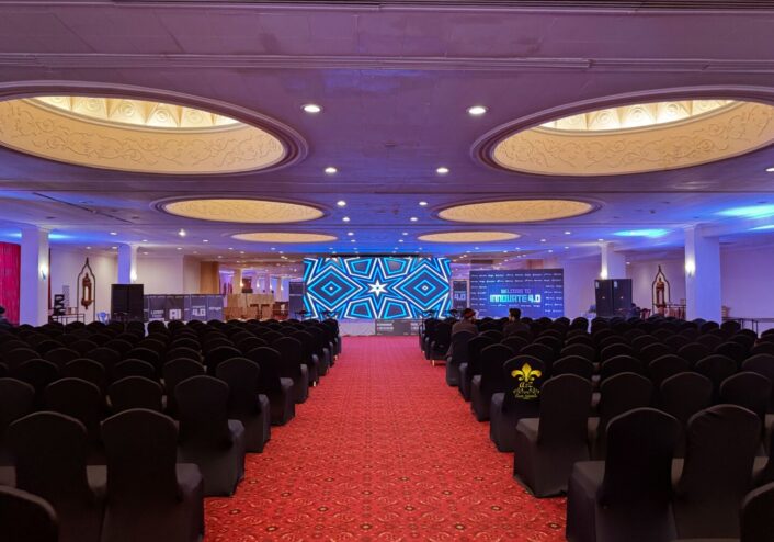 indoor corporate event, corporate setup, smd screen stage, caterers