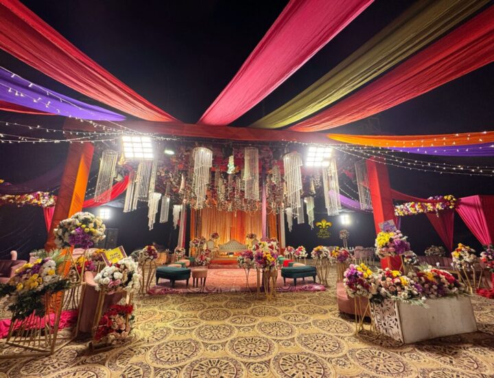 intimate wedding, multicolored decor, draping, catering setup