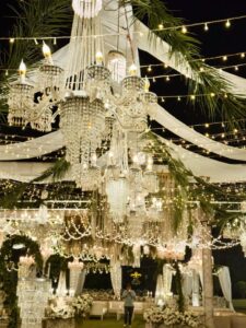 open-air-setup-and-decor crystal beaded decor, fairy lights, wedding decorators, western theme