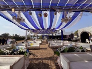 open-air-thematic-setup open air decor, executive sitting, outdoor setup, floral decor