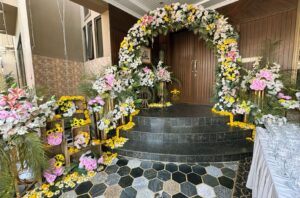 entrance decor, floral arch, dholak decor, home wedding