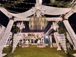 wedding designers, open air setup, standing chandeliers, destination wedding