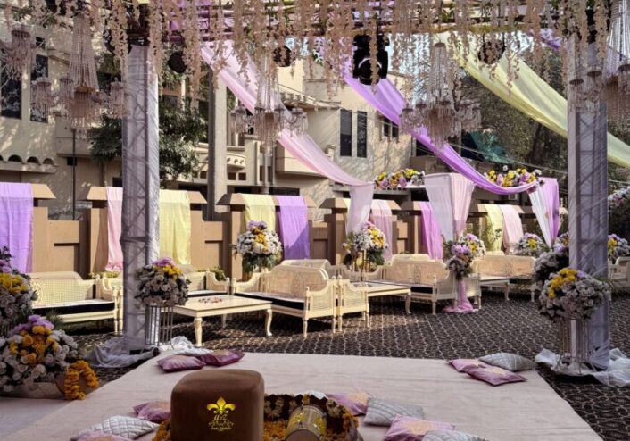 dholak decor and setup, intimate wedding, home event, pastel theme