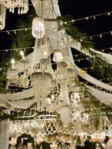 walima ceremony, hanging chandeliers, crystal beaded decor, white wedding