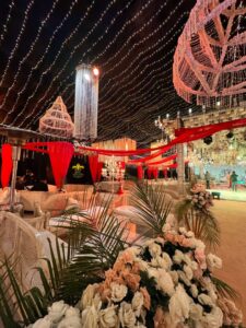 grand wedding setup, floral decor, wedding management company, chandeliers