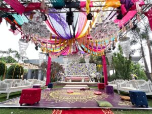 dance floor, hanging chandeliers, mayoun setup and decor, wedding caterers