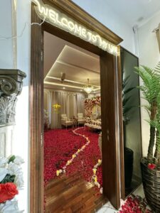 first-night-romantic-room-decor entrance decor, neon sign, exclusive bridal room decor, a2z events solutions