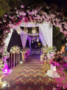 entrance decor, hanging chandeliers, arabian gazebo, floral area decor