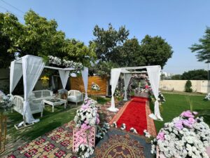 entrance setup, daytime nikkah, floral decor, wedding management