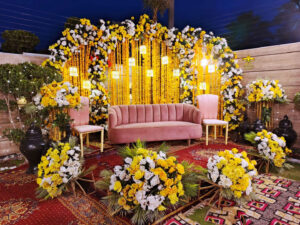 floral stage, backdrop, mehndi backdrop, intimate stage