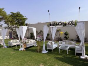 outdoor setup, white wedding, nikkah decor, events management