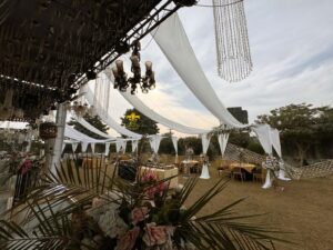 chandeliers, hanging garden, gazebo, white wedding