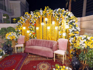 wedding stage, stages designers, floral backdrop, mehndi stage