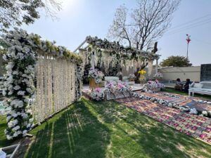 nikkah wall, backdrop, floral stage, daytime event