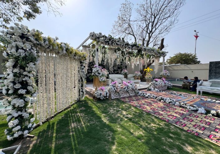 nikkah wall, backdrop, floral stage, daytime event
