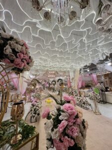 floral-decorations events planners, hanging garden, crystal beaded decor, carpeted stage